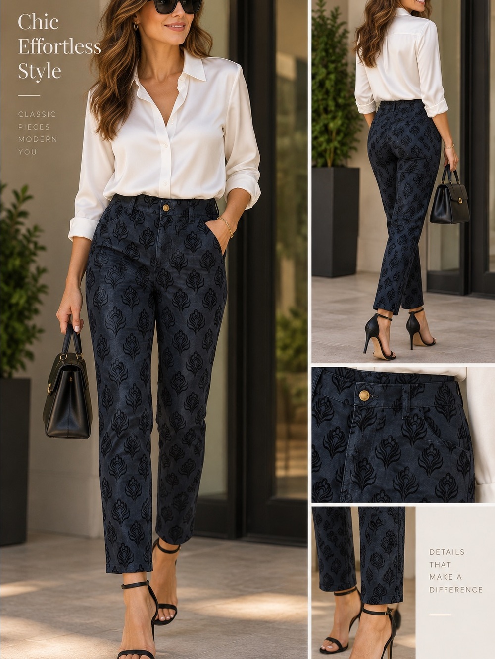 Coldwater Creek Navy Floral Jacquard Straight-Leg Pants size 14 Blue Black